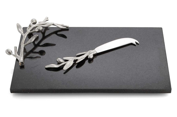 Доска для сыра с ножом Michael Aram Оливковая ветвь 32х23 см, чёрная с серебром