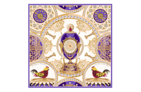Платок сувенирный Русские в моде Фаберже яйцо-часы Петушок 65х65см, шелк, вискоза, машинная подшивка