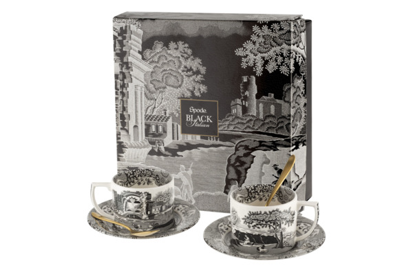 Набор чашек чайных с блюдцами и чайными ложками Spode Черная Италия 280 мл, 2 шт, лимитированный вып