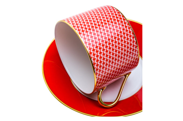 Чашка чайная с блюдцем Legle Гусиная лапка 250 мл, фарфор, красная, матовый золотой кант