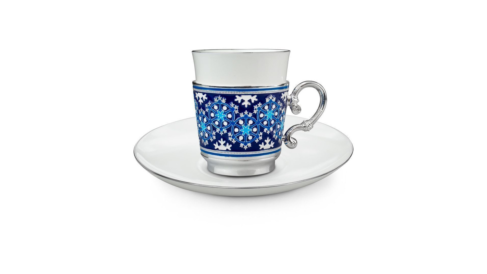 Чашка кофейная с блюдцем Русские самоцветы Снежинка 73,64 г, серебро 925