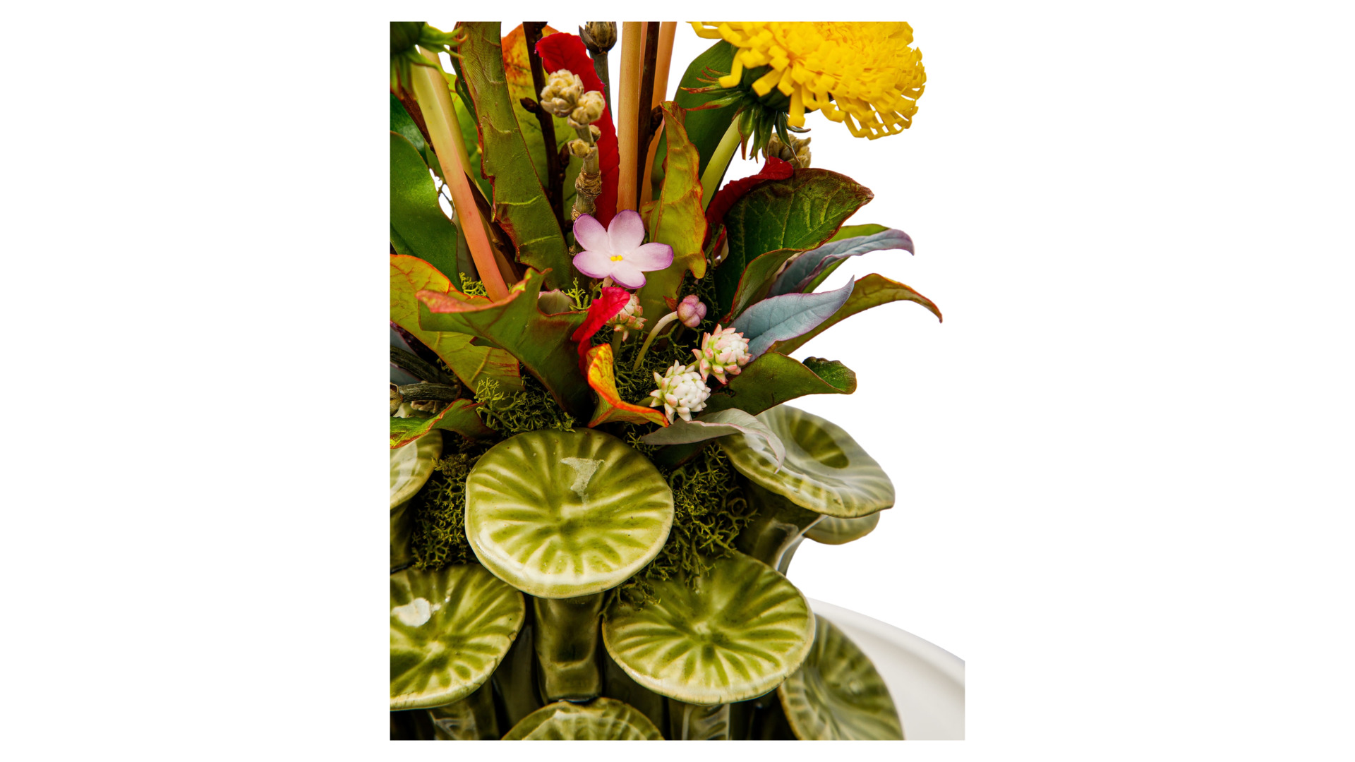Композиция из холодного фарфора в керамическом кашпо Одуванчики Н25 см 5 шт с полевыми цветами