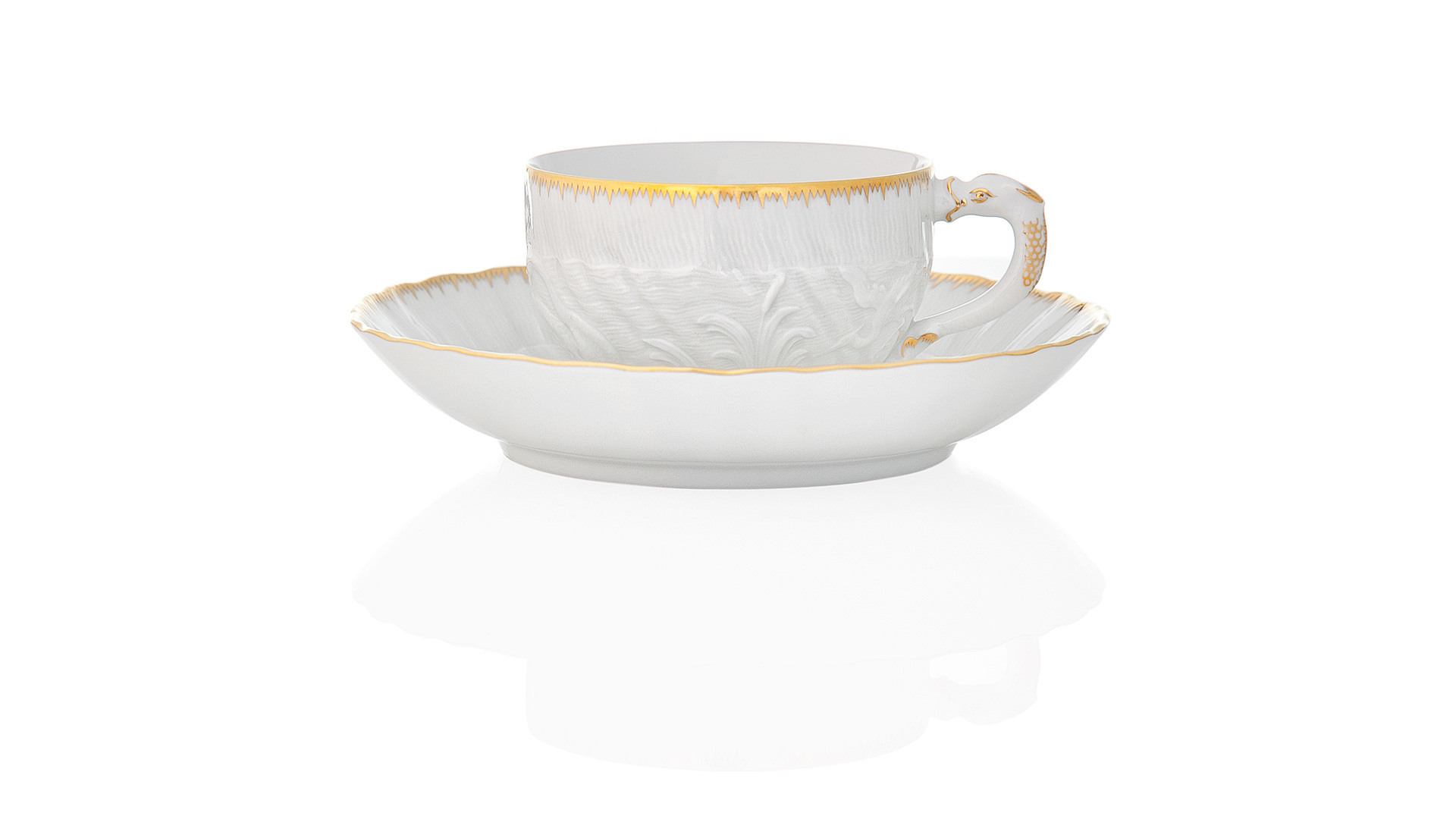 Чашка чайно-кофейная Meissen с блюдцем 140мл Лебединый сервиз, золотой кант