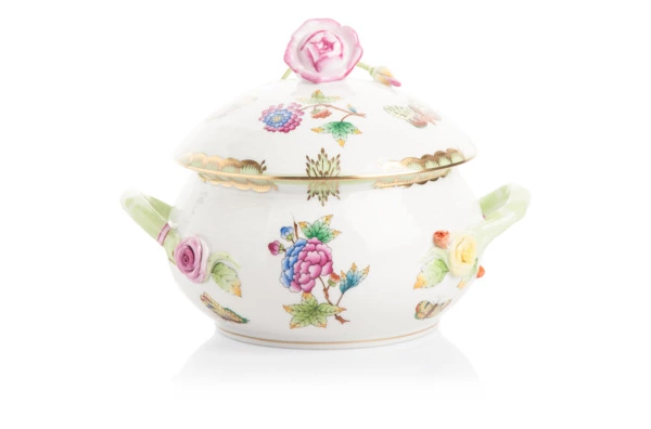 Блюдо для горячего с крышкой Herend Виктория 800 мл, с розой