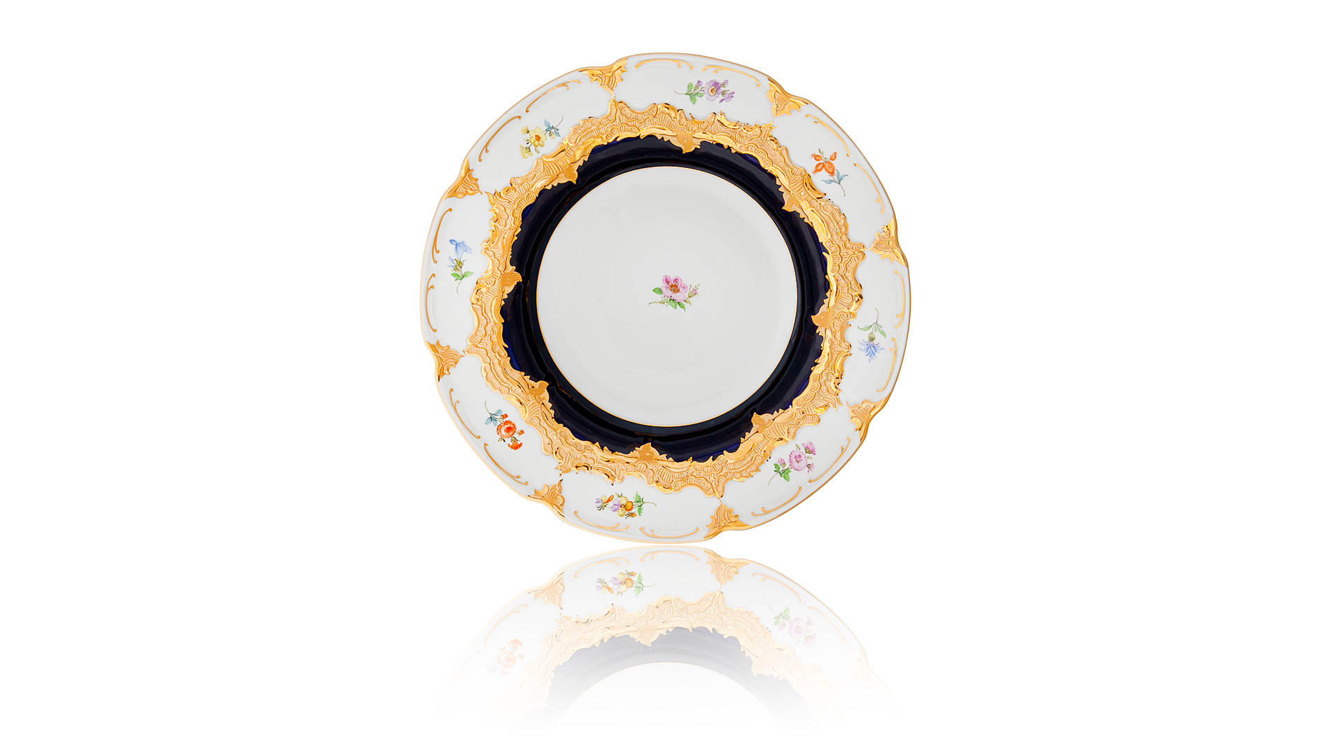 Тарелка суповая Meissen 24 см Форма - Б, россыпь цветов, кобальт