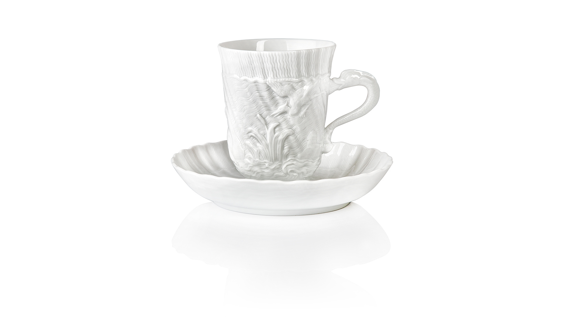 Чашка-бокал с блюдцем Meissen 150мл Лебединый сервиз, белый рельеф