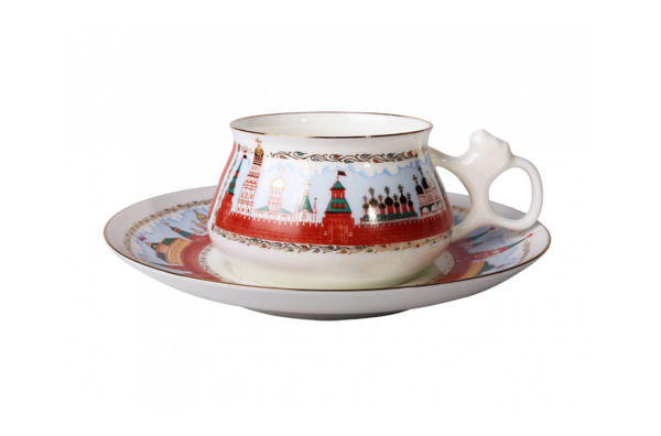 Чашка чайная с блюдцем ИФЗ Московский Кремль Билибина, фарфор костяной