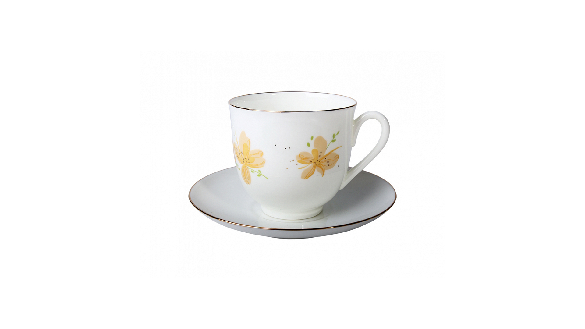 Чашка чайная с блюдцем ИФЗ Желтые цветы Ландыш, фарфор костяной
