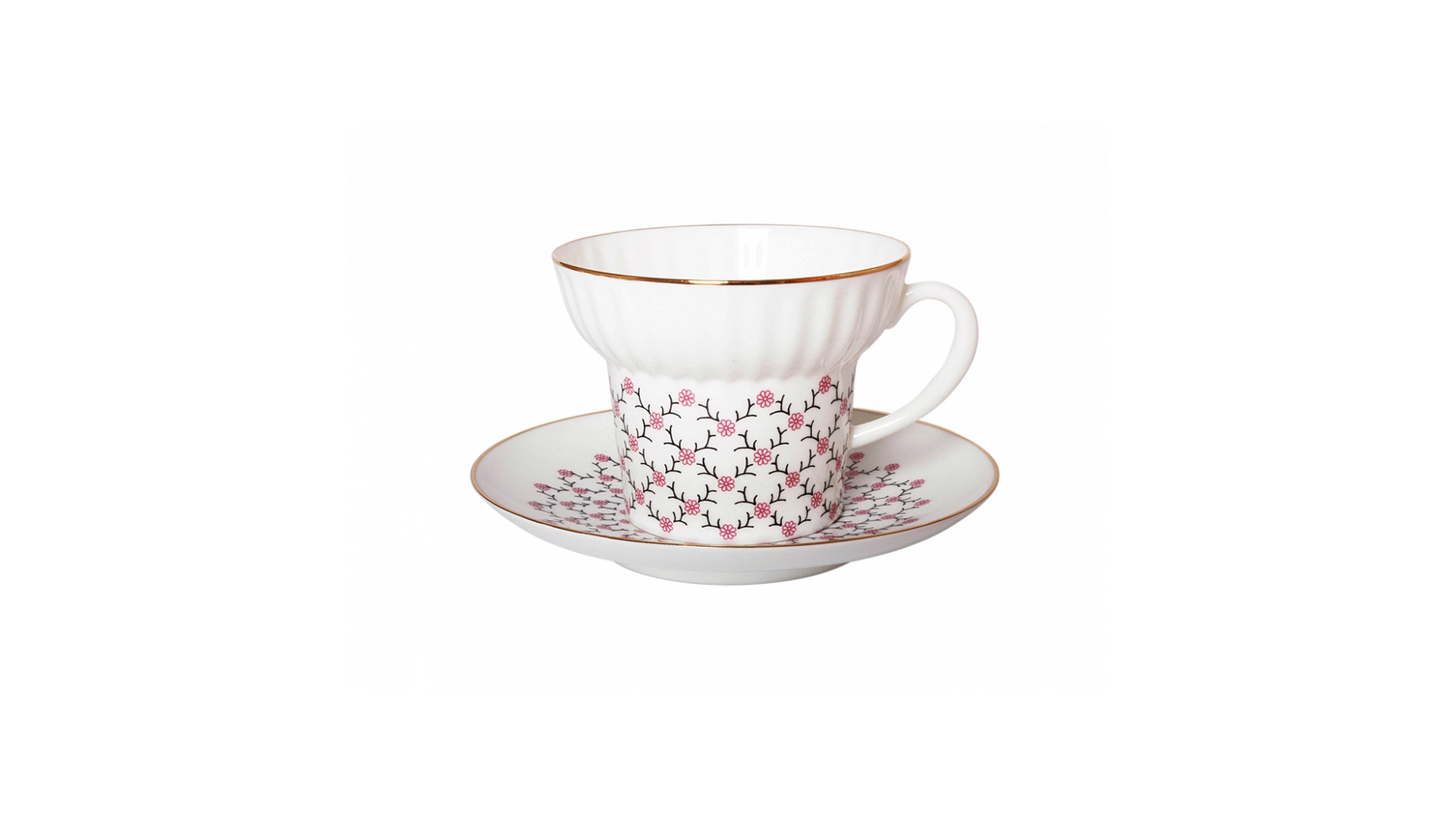 Чашка чайная с блюдцем ИФЗ Розовая сетка Волна, фарфор костяной