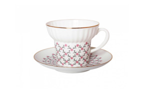 Чашка чайная с блюдцем ИФЗ Розовая сетка Волна, фарфор костяной