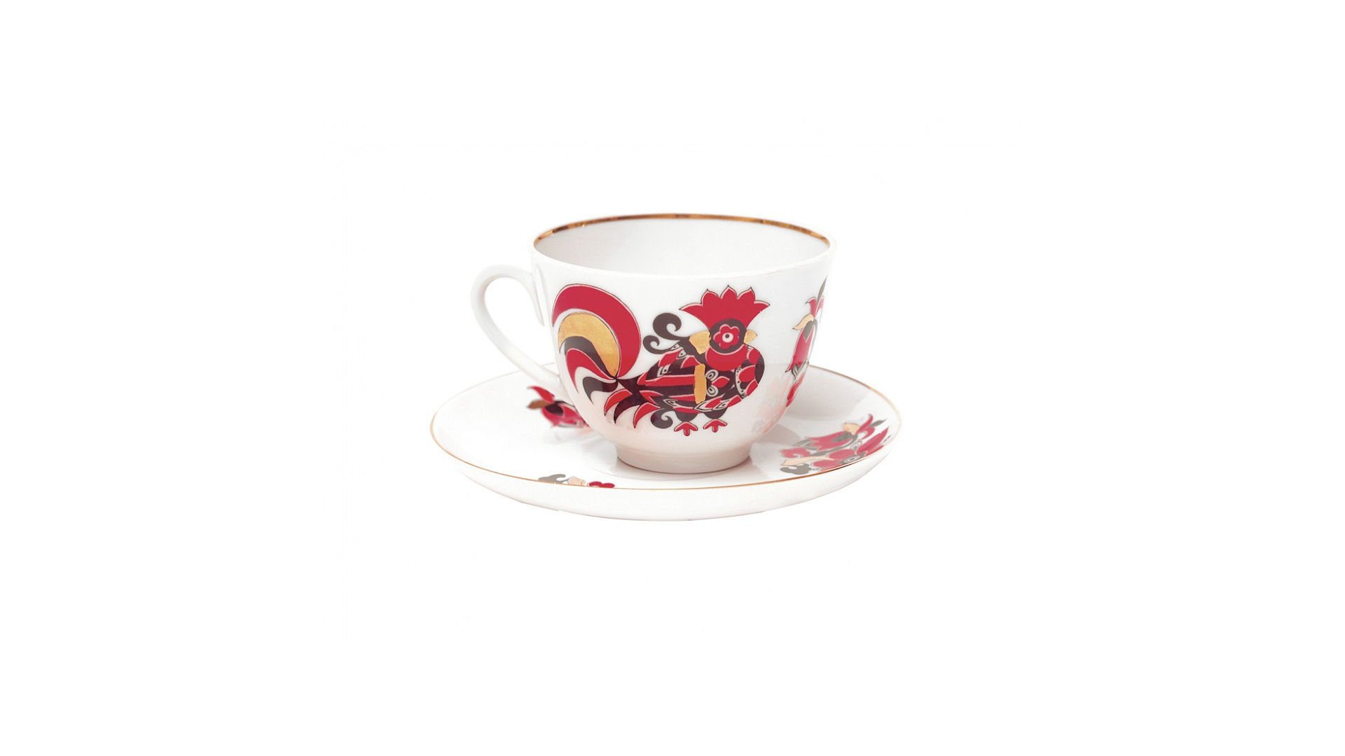 Чашка чайная с блюдцем ИФЗ Красные петушки Весенняя, фарфор твердый
