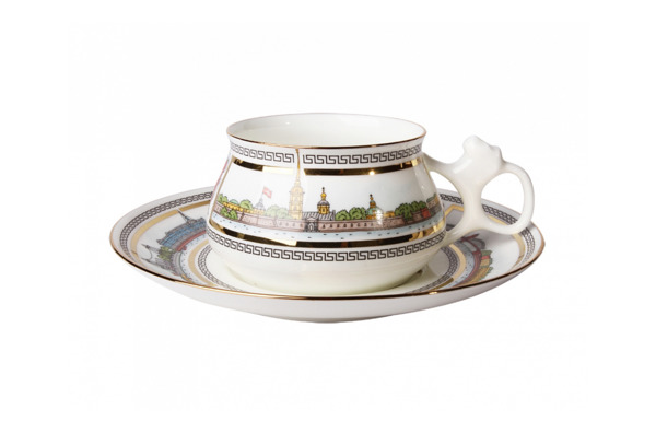 Чашка чайная с блюдцем ИФЗ Невские берега Билибина, фарфор костяной