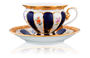 Чашка чайно-кофейная Meissen с блюдцем 160мл Форма - Икс, россыпь цветов, кобальт