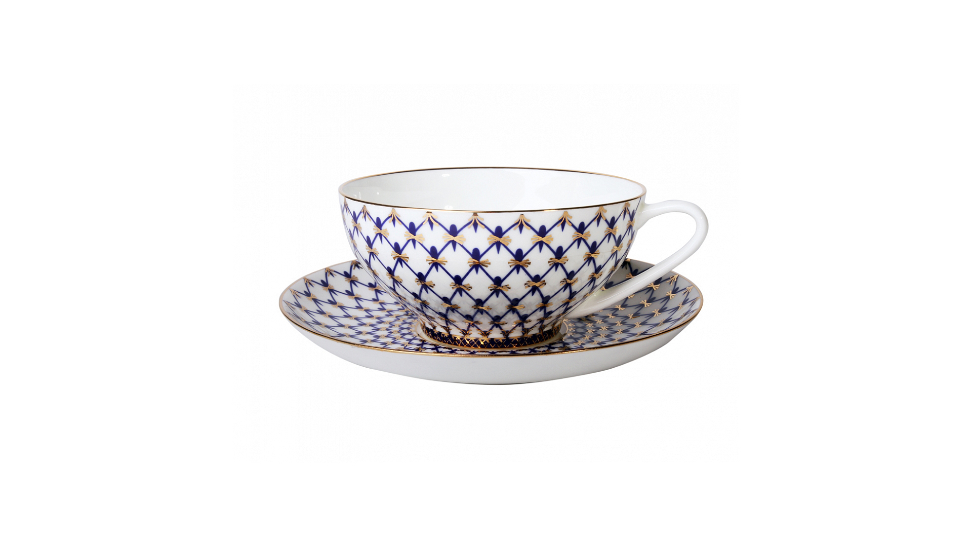 Чашка чайная с блюдцем ИФЗ Кобальтовая сетка Купольная 310 мл, фарфор костяной
