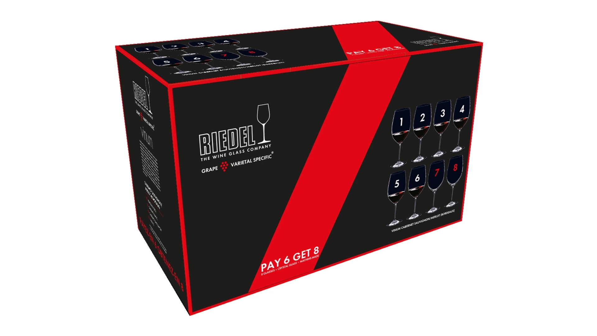 Набор бокалов для красного вина Riedel Vinum Cabernet/Merlo 650 мл, 8шт по цене 6-ти, хрусталь