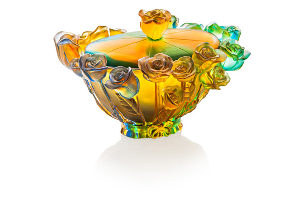 Конфетница с крышкой Cristal de Paris Розы 20см, янтарная