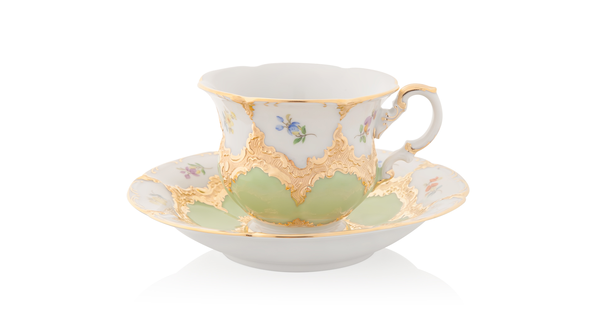 Чашка чайно-кофейная Meissen с блюдцем 160мл Форма В, россыпь цветов, салатовая