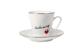 Чашка чайная с блюдцем ИФЗ Сердечки 2 Черный кофе Любимому, фарфор костяной