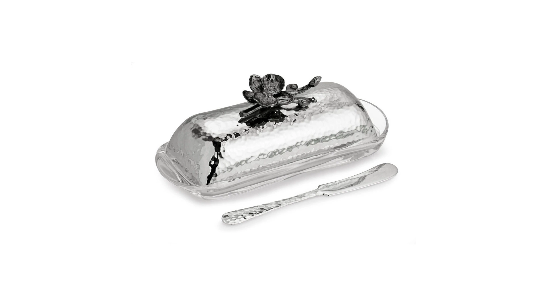 Маслёнка с ножом Michael Aram Чёрная орхидея 18 см, серебристая