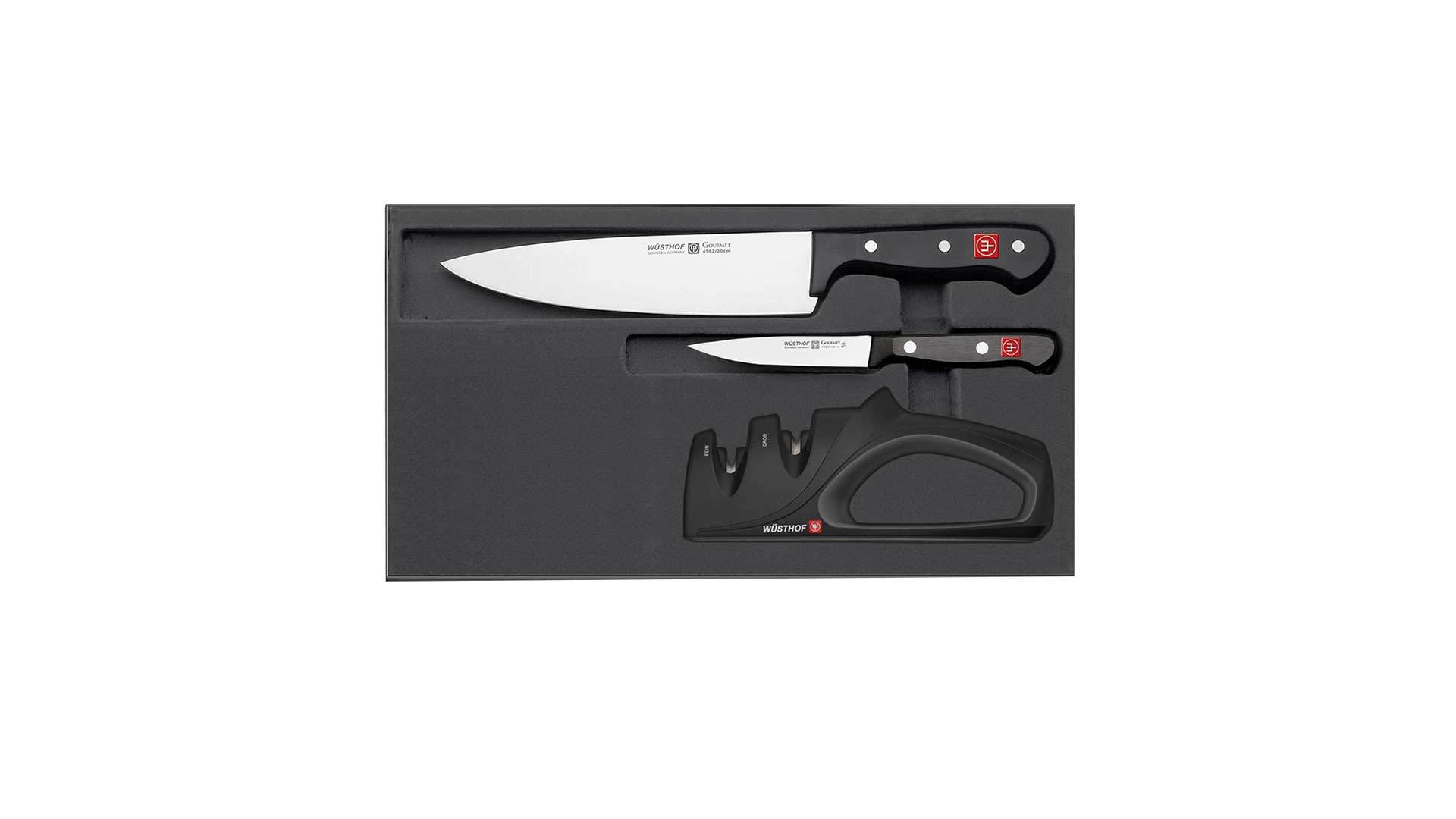 Набор кухонных ножей и точилки Wuesthof Gourmet Promotion, 3 предмета, сталь кованая