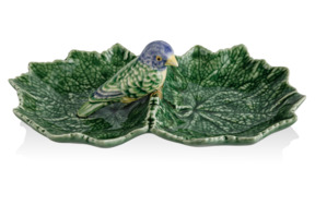 Блюдо двухсекционное Bordallo Pinheiro Листья 22 см, с синей птичкой, керамика
