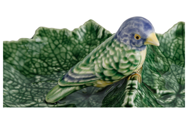 Блюдо двухсекционное Bordallo Pinheiro Листья 22 см, с синей птичкой, керамика