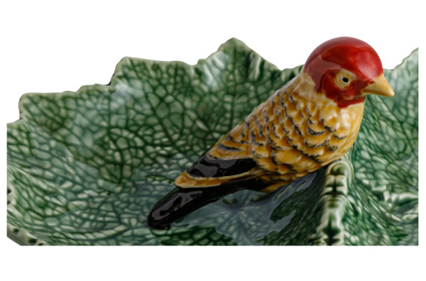 Блюдо двухсекционное Bordallo Pinheiro Листья 22 см, с красной птичкой, керамика