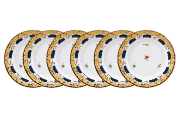 Набор из 6 тарелок десертных Meissen 19 см Форма - Икс, россыпь цветов, кобальт