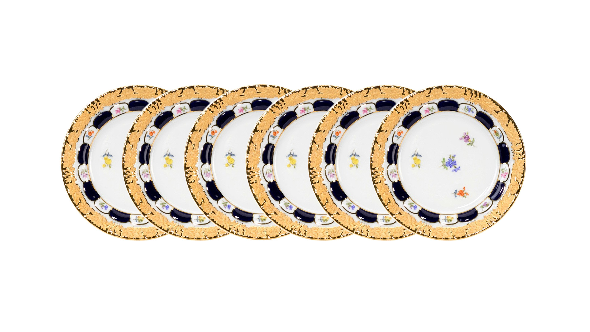 Набор из 6 тарелок пирожковых Meissen 14 см Форма - Икс, россыпь цветов, кобальт