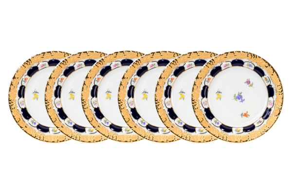 Набор из 6 тарелок пирожковых Meissen 14 см Форма - Икс, россыпь цветов, кобальт