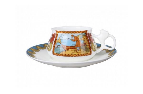 Чашка чайная с блюдцем ИФЗ Сказка о рыбаке и рыбке Билибина, фарфор костяной