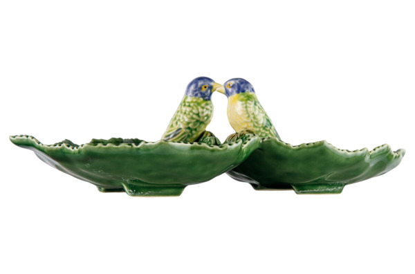 Блюдо двухсекционное Bordallo Pinheiro Листья 34 см, с двумя синими птичками, керамика
