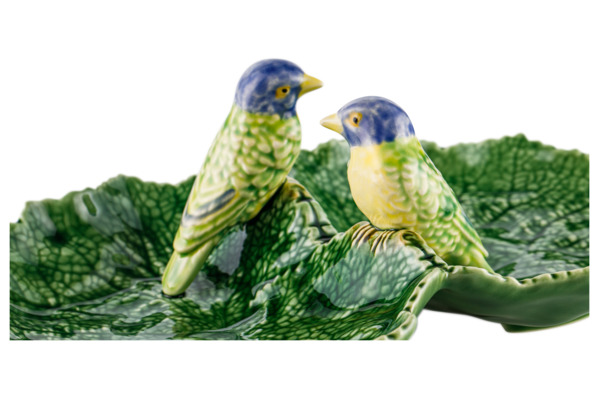 Блюдо двухсекционное Bordallo Pinheiro Листья 34 см, с двумя синими птичками, керамика