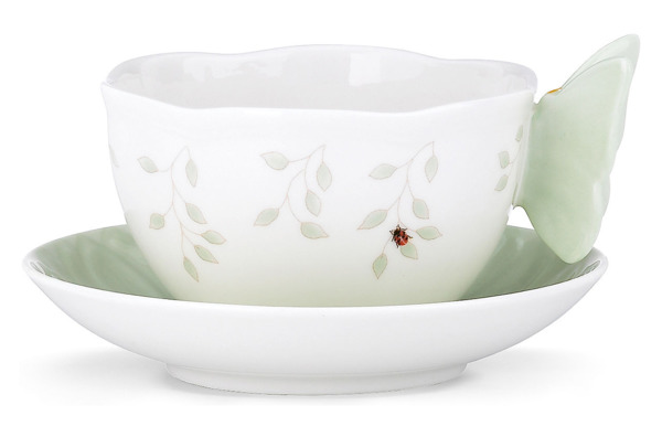 Чашка чайная с блюдцем Lenox "Бабочки на лугу" 240мл (фигурная ручка), (зёленая)