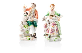 Набор из 2 фигурок Meissen Юноша с мопсом, девушка с кошкой