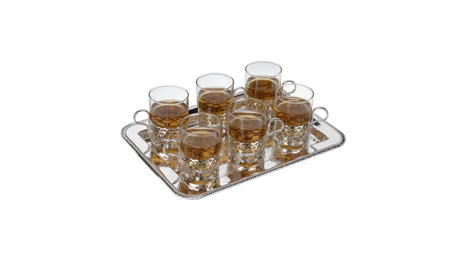 Набор стаканов с подстаканниками на подносе Queen Anne, 6 шт, сталь, стекло, посеребрение