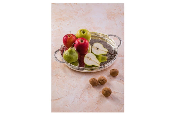 Поднос круглый с ручками Queen Anne 28 см, высокий борт, сталь, посеребрение