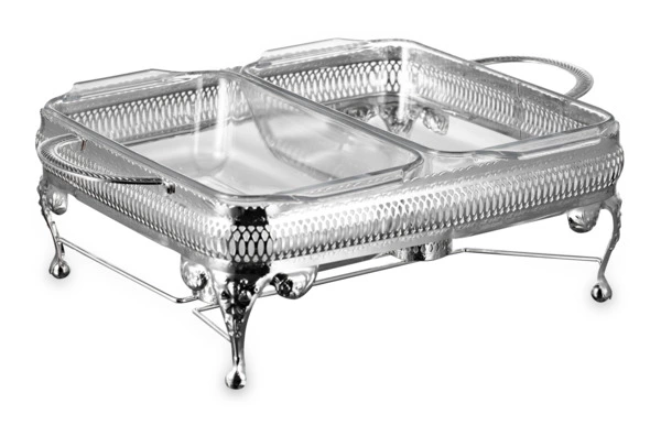 Мармит для двух блюд с крышками Queen Anne 41х28х19 см, сталь, стекло, посеребрение