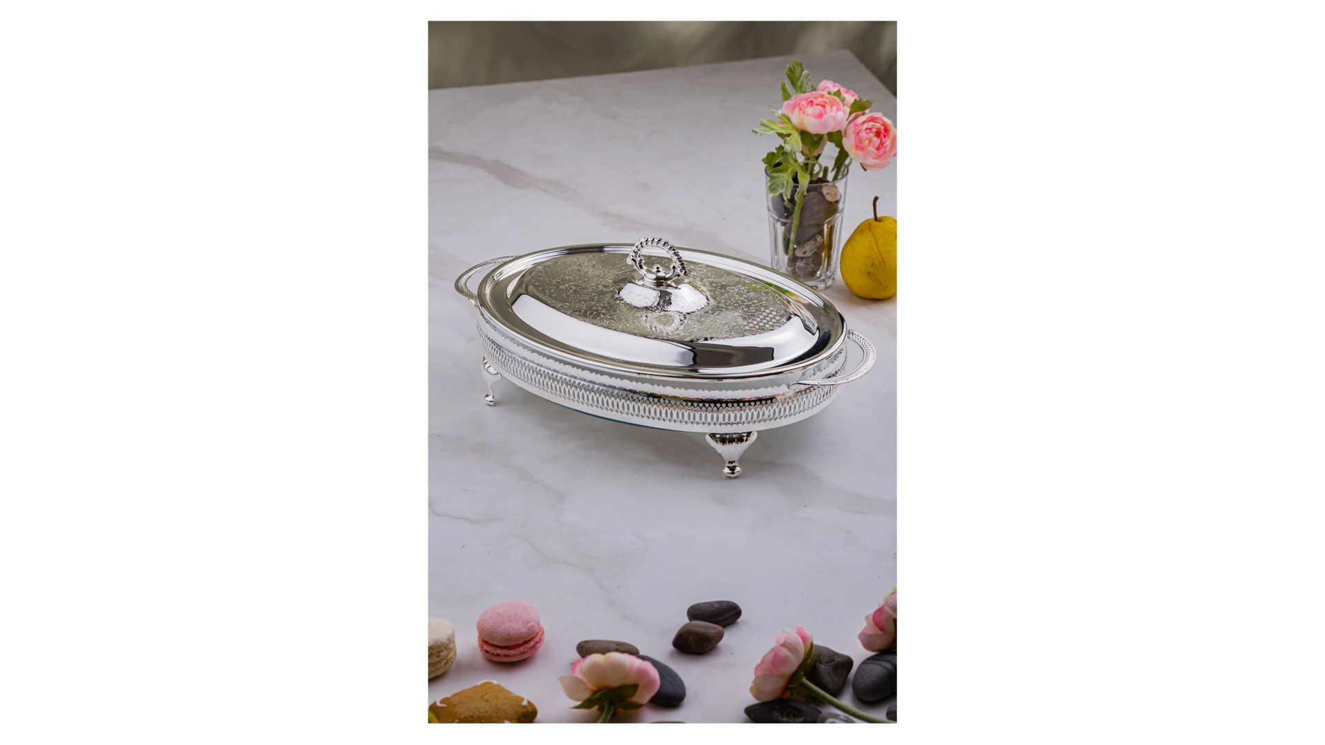 Блюдо овальное с крышкой Queen Anne 41х26 см, на ножках, сталь, посеребрение