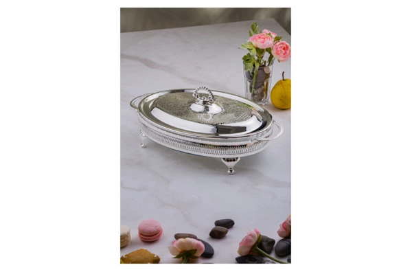 Блюдо овальное с крышкой Queen Anne 41х26 см, на ножках, сталь, посеребрение