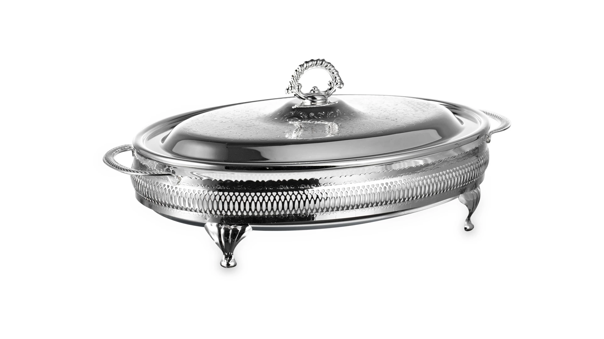 Блюдо овальное с крышкой Queen Anne 41х26 см, на ножках, сталь, посеребрение