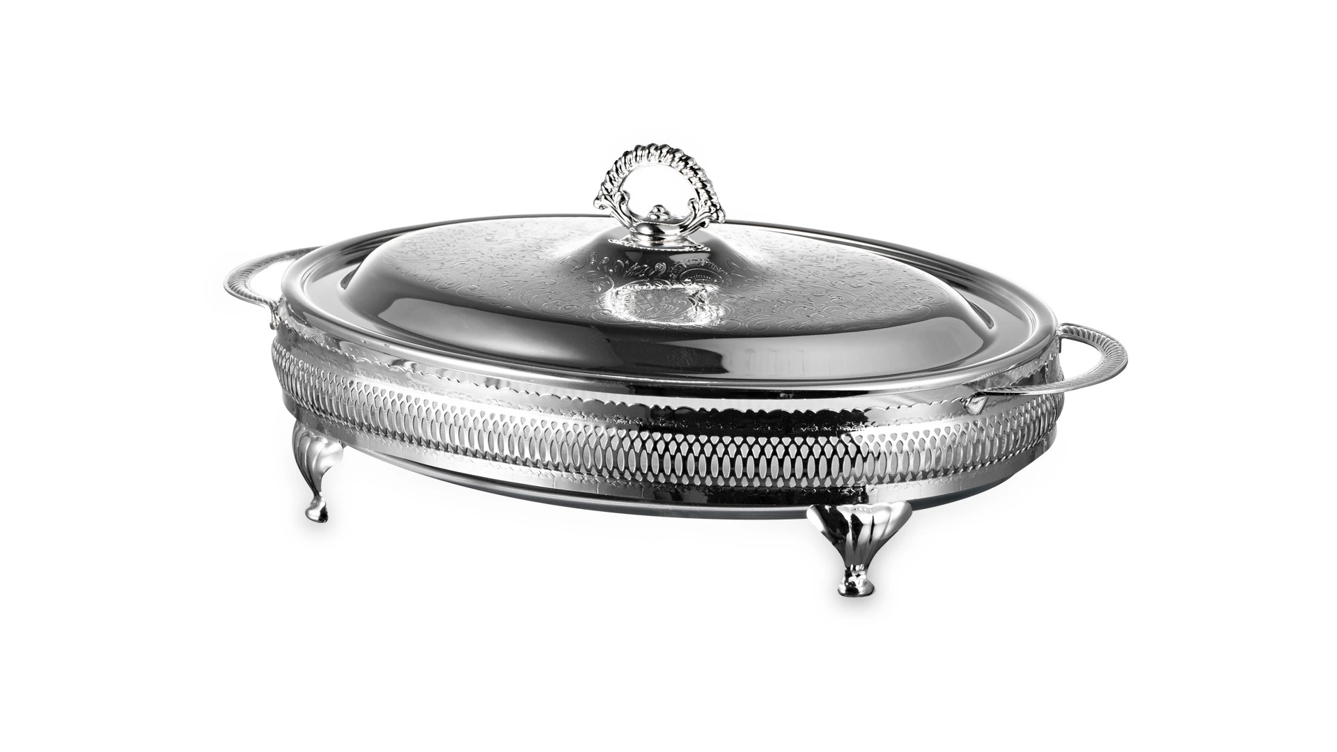 Блюдо овальное с крышкой Queen Anne 41х26 см, на ножках, сталь, посеребрение