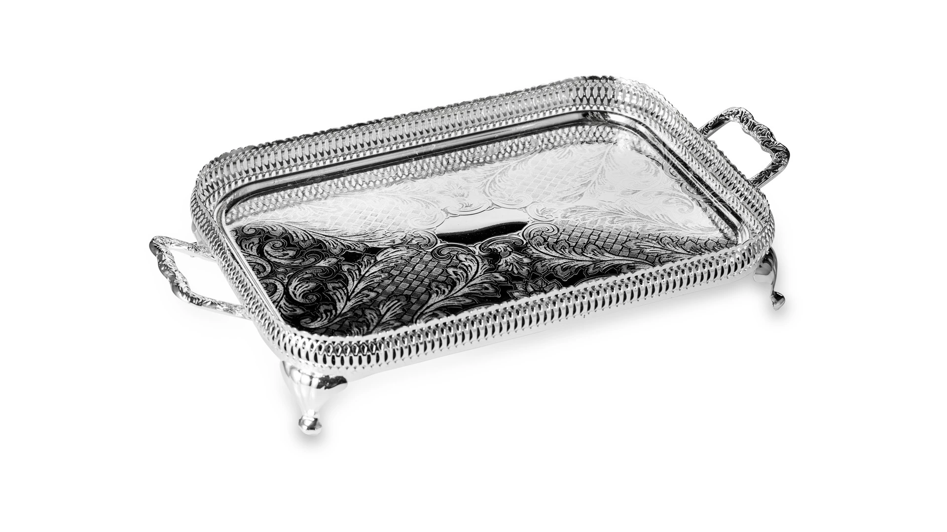 Поднос прямоугольный с ручками, на ножках Queen Anne 41х24 см, сталь, посеребрение
