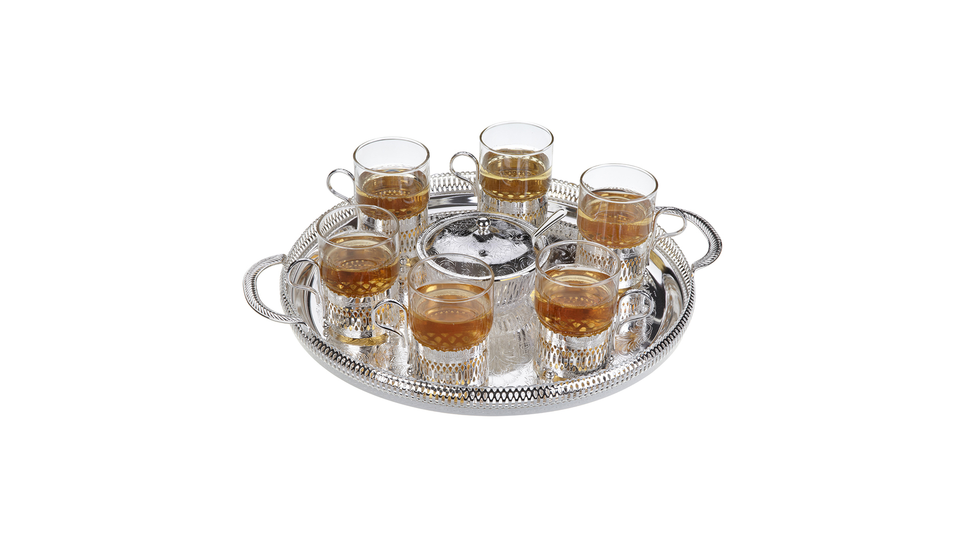 Набор для чая Queen Anne: поднос, сахарница, ложка, 6 стаканов с подстаканниками, сталь, стекло