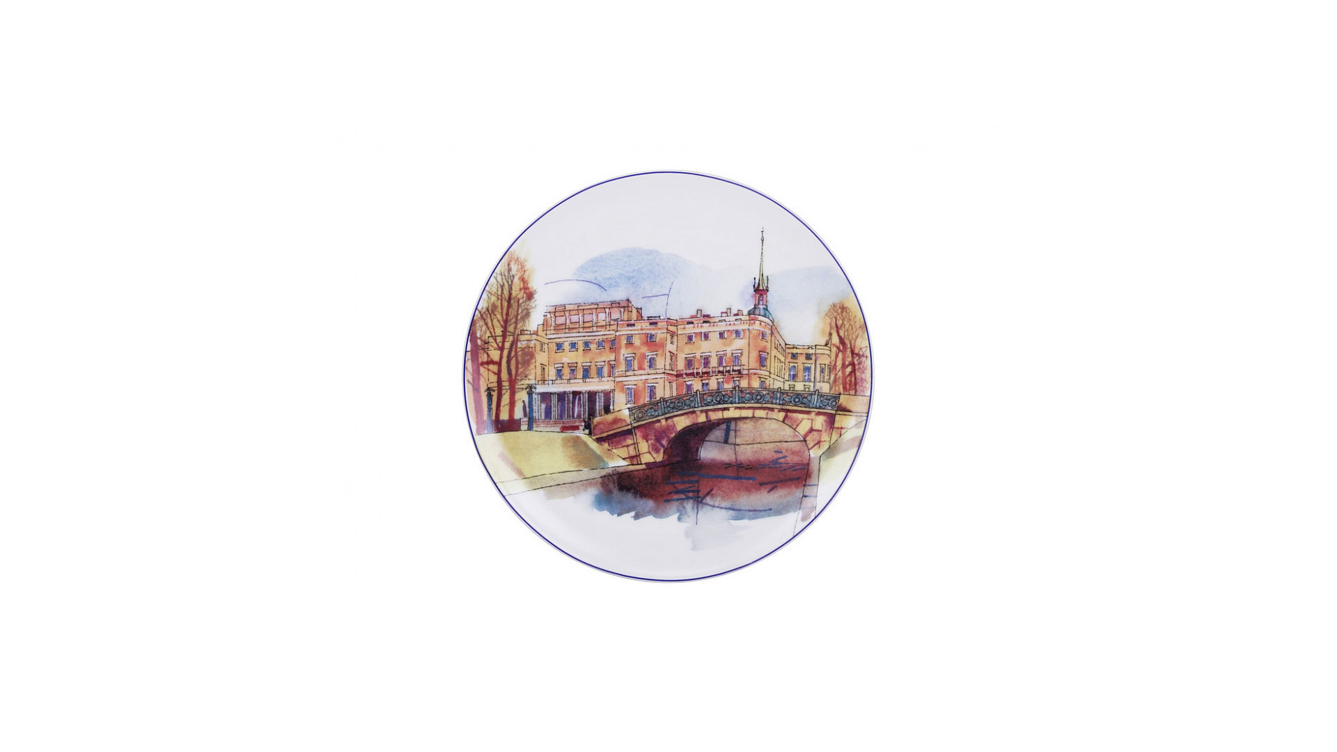 Тарелка декоративная ИФЗ Санкт-Петербург.Нижне-Лебяжий мост Эллипс 19,5 см, фарфор твердый