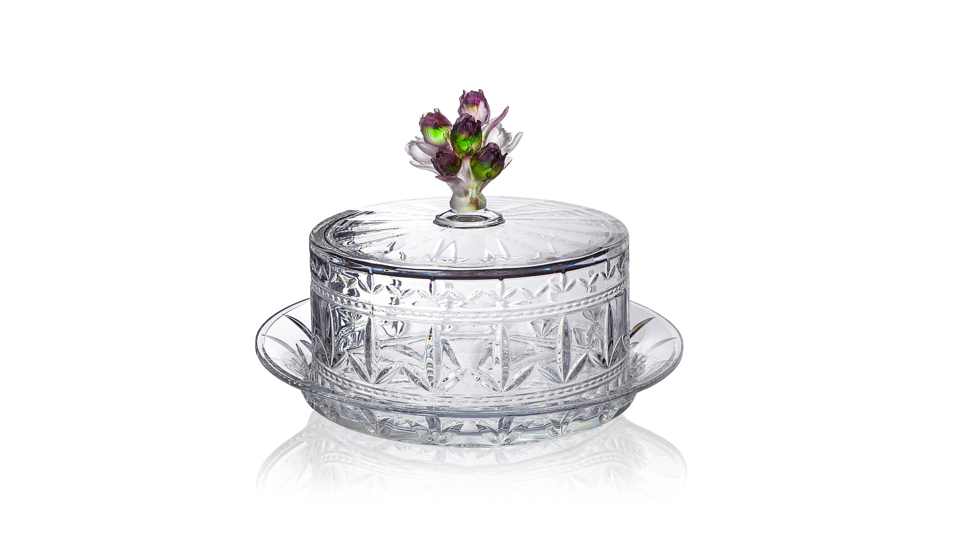 Блюдо для сыра с крышкой Cristal de Paris Букет тюльпанов 24х40см, пурпурно-зеленая