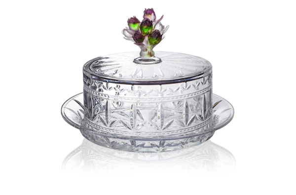 Блюдо для сыра с крышкой Cristal de Paris Букет тюльпанов 24х40см, пурпурно-зеленая