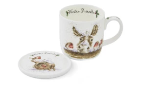 Кружка с подставкой Royal Worcester Забавная фауна Осел и малиновка 310 мл, фарфор костяной