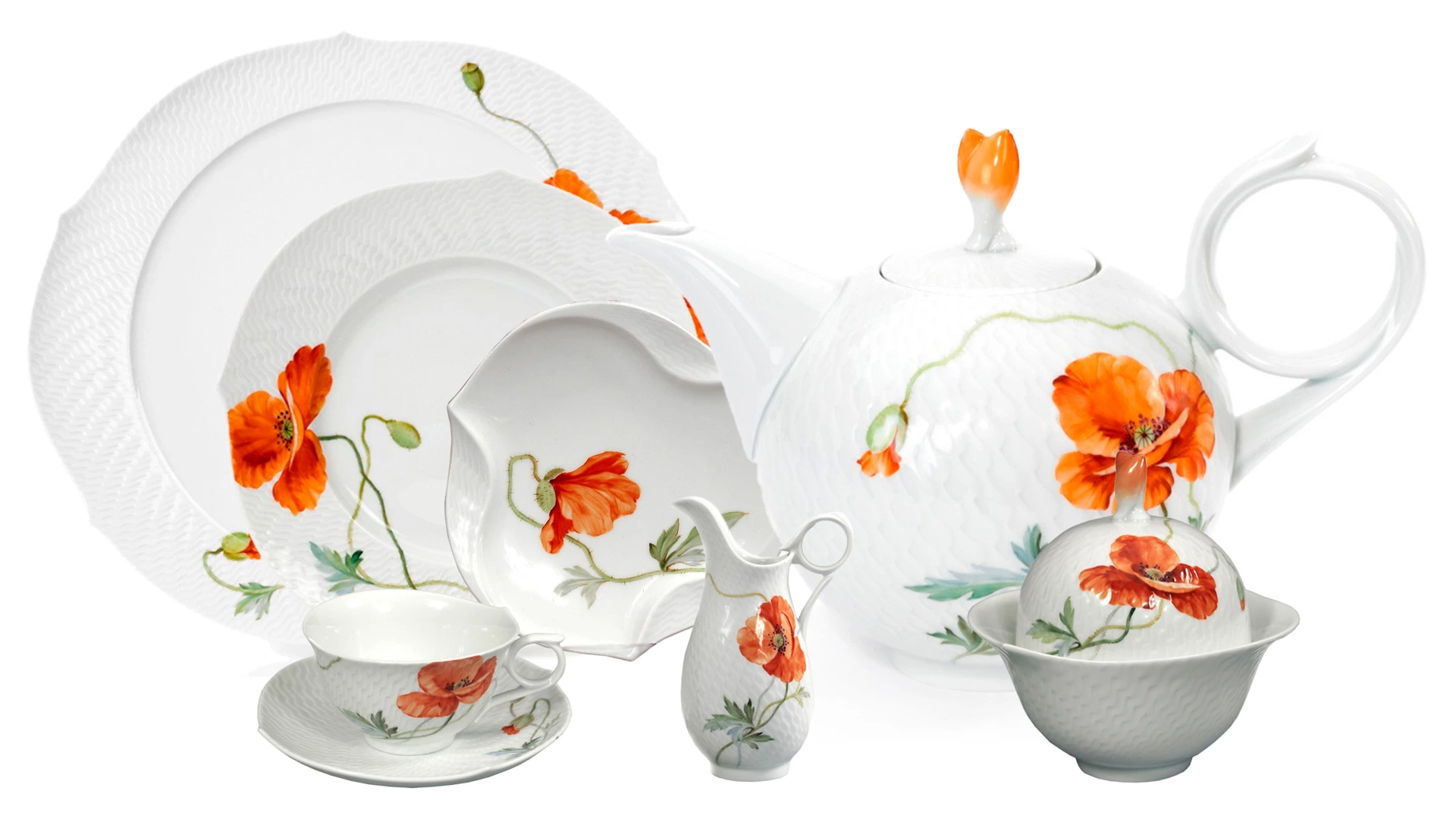 Сервиз чайный Meissen 6/24 Игра волн, рельеф, маки
