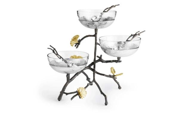 Чаши с ложками на подставке Michael Aram Бабочки гинкго, сталь нержавеющая, 3 шт, чаша 15 см